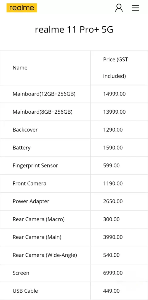 Realme 11 Pro Plus Spare parts price list